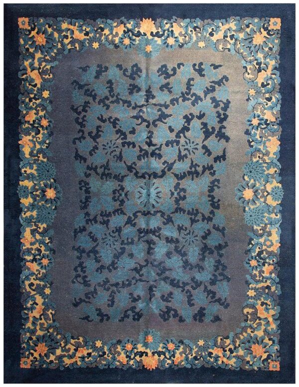 1920s blue foliate antique chinese peking rug 9'x11' 11" handknotted wool carpet