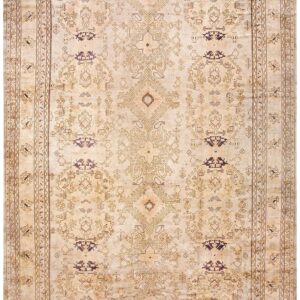 1930s Tan Camel Geometric Antique Turkish Decorative Oushak Rug 13' X 18'4" Handknotted Wool Carpet