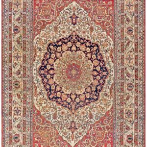 Fine Decorative Medallion Design on Red-Raspberry Background Color Antique Persian Kerman Laver Rug