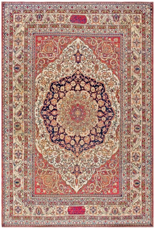 Fine decorative medallion design on red-raspberry background color antique persian kerman laver rug 1 Fine decorative medallion design on red-raspberry background color antique persian kerman laver rug