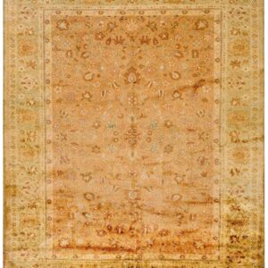 1900s Orange Salmon Floral Medallion Antique Indian Agra Rug 7'0" X 8'8" Handknotted Wool Carpet