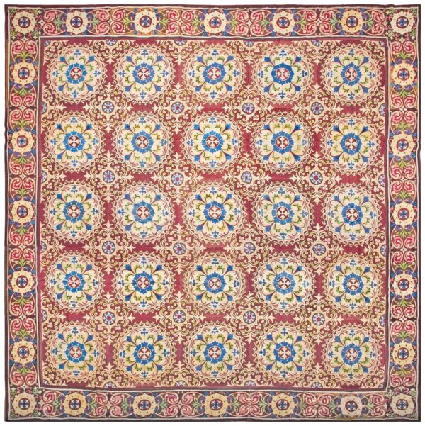 Beautiful brown color with unique circle florid design antique european needlepoint rug 1 Beautiful brown color with unique circle florid design antique european needlepoint rug