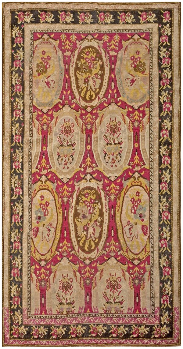 Remarkable red-ruby background color with black border and medallion/crest design antique caucasian karabagh rug 1 Remarkable red-ruby background color with black border and medallion/crest design antique caucasian karabagh rug