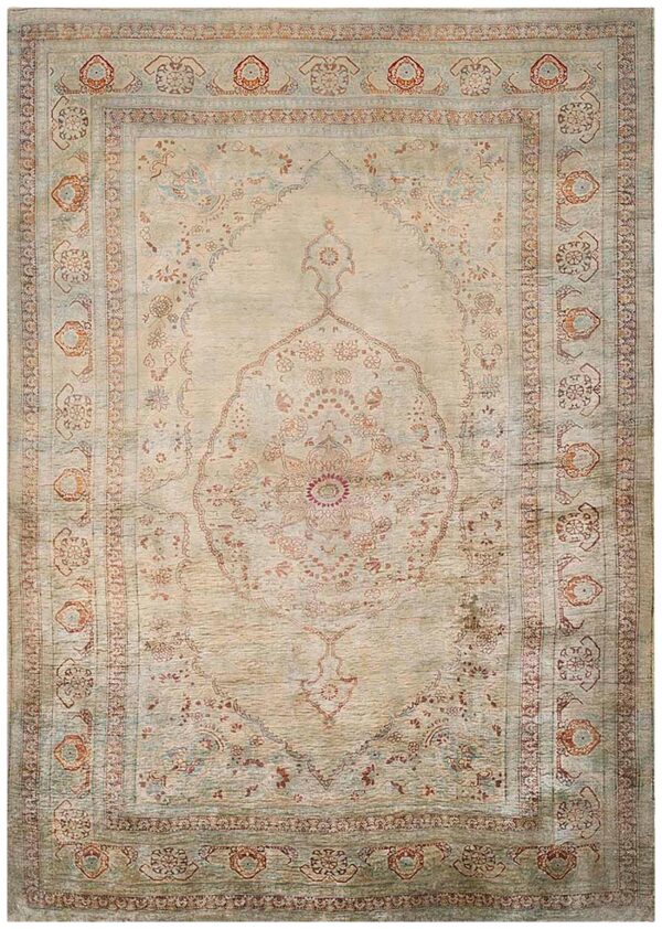 Elegant intricate ivory background color in a medallion pattern antique persian tabriz rug