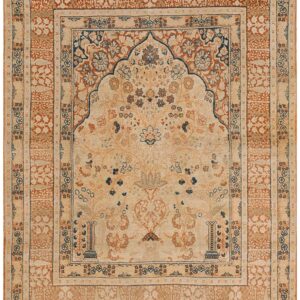 Extremely Fine Floral Vase Pattern Ivory Cream Field With Rustic Tones Late 19th Century Antique Persian Tabriz Islamic Prayer Rug