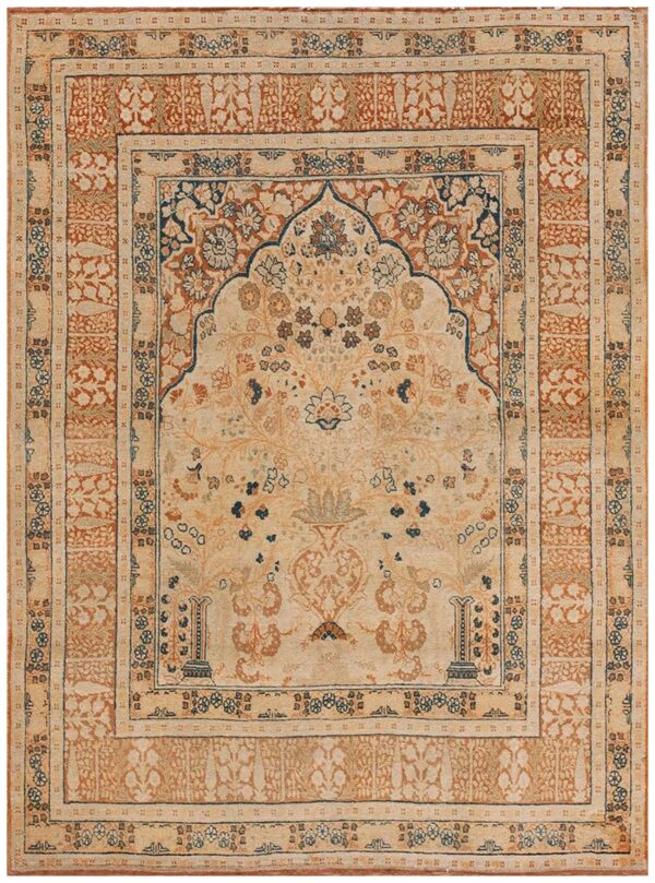 Extremely fine floral vase pattern ivory cream field with rustic tones late 19th century antique persian tabriz islamic prayer rug 1 Extremely fine floral vase pattern ivory cream field with rustic tones late 19th century antique persian tabriz islamic prayer rug