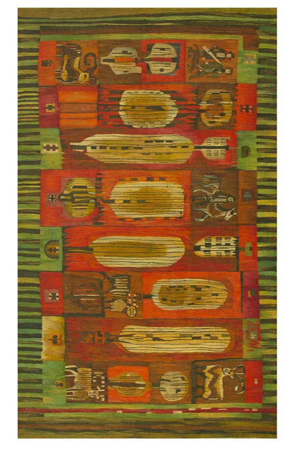 Colorful antique swedish flatweave with animals, trees, and figures 1 Colorful antique swedish flatweave with animals, trees, and figures