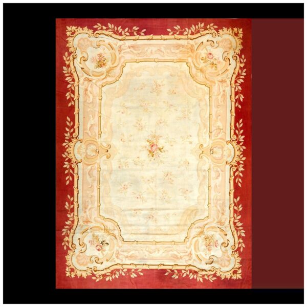 Aesthetic floral design in a ivory ground color antique french aubusson rug
