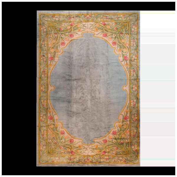 Aesthetic tulips border in a aqua ground antique irish donegal arts & crafts rug