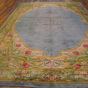 Aesthetic Tulips Border in a Aqua Ground Antique Irish Donegal Arts & Crafts Rug - detail view 1