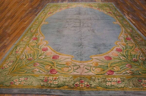 Aesthetic tulips border in a aqua ground antique irish donegal arts & crafts rug 2 Aesthetic tulips border in a aqua ground antique irish donegal arts & crafts rug - detail view 1