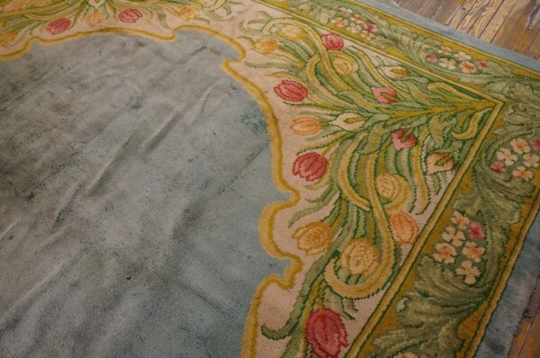 Aesthetic tulips border in a aqua ground antique irish donegal arts & crafts rug 3 Aesthetic tulips border in a aqua ground antique irish donegal arts & crafts rug - detail view 2