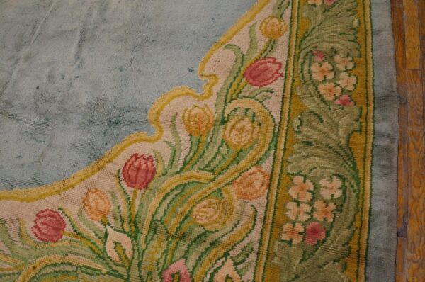 Aesthetic tulips border in a aqua ground antique irish donegal arts & crafts rug 4 Aesthetic tulips border in a aqua ground antique irish donegal arts & crafts rug - detail view 3
