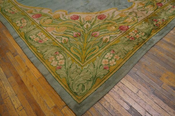 Aesthetic tulips border in a aqua ground antique irish donegal arts & crafts rug 5 Aesthetic tulips border in a aqua ground antique irish donegal arts & crafts rug - detail view 4