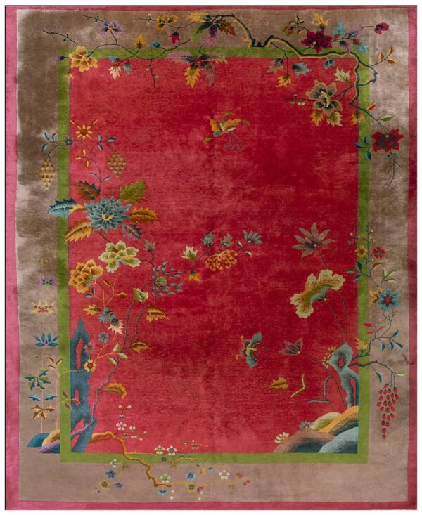 Antique red color classic chinese art deco design room size carpet 1 Antique 1920s chinese art deco rug with a raspberry-red field, taupe border and green inner frame, floral sprays and blue rockwork at the corners