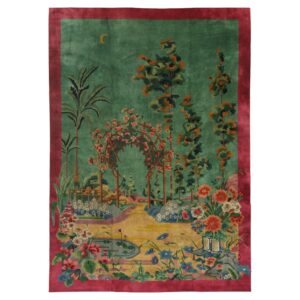Antique Chinese Art Deco pictorial garden rug 12x14, green field, hand-knotted wool, circa 1920 (SKU 7055)