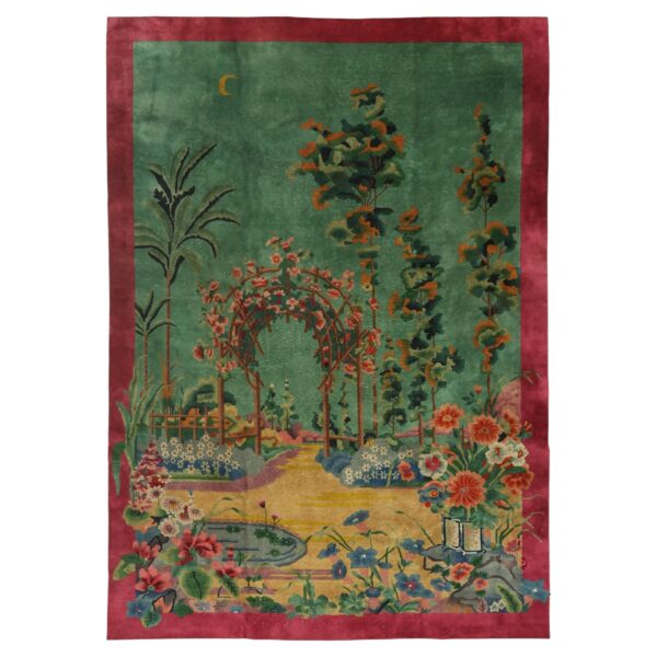 Antique chinese art deco pictorial garden rug 12' × 14' green & raspberry, hand-knotted wool, circa 1920 1 Antique chinese art deco pictorial garden rug 12x14, green field, hand-knotted wool, circa 1920 (sku 7055)
