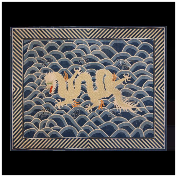 Antique english pontremoli needlepoint rug with a unique dragon in the centre