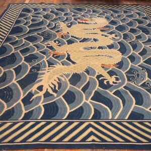 Antique English Pontremoli Needlepoint Rug With a Unique Dragon in the Centre - detail view 4
