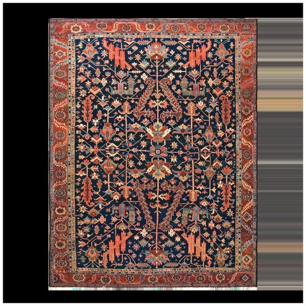 Antique tribal geometric design blue background persian heriz serapi carpet