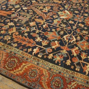Antique Tribal Geometric Design Blue Background Persian Heriz Serapi Carpet - detail view 1