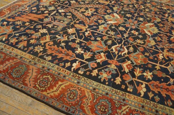 Antique tribal geometric design blue background persian heriz serapi carpet 2 Antique tribal geometric design blue background persian heriz serapi carpet - detail view 1