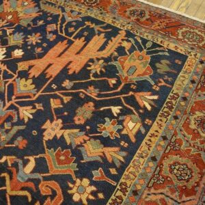 Antique Tribal Geometric Design Blue Background Persian Heriz Serapi Carpet - detail view 2
