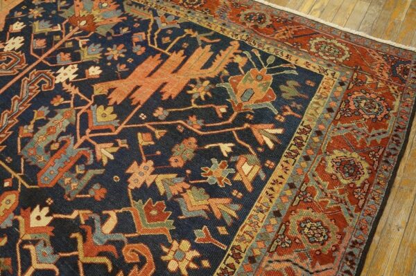 Antique tribal geometric design blue background persian heriz serapi carpet 3 Antique tribal geometric design blue background persian heriz serapi carpet - detail view 2