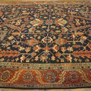 Antique Tribal Geometric Design Blue Background Persian Heriz Serapi Carpet - detail view 3