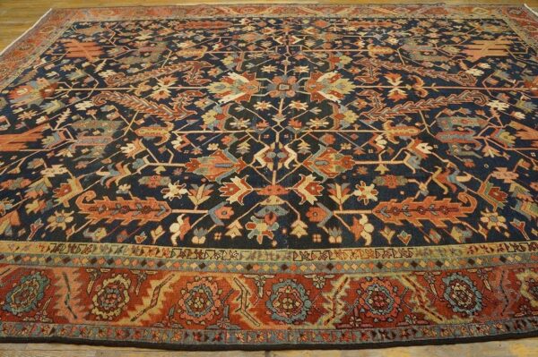 Antique tribal geometric design blue background persian heriz serapi carpet 4 Antique tribal geometric design blue background persian heriz serapi carpet - detail view 3