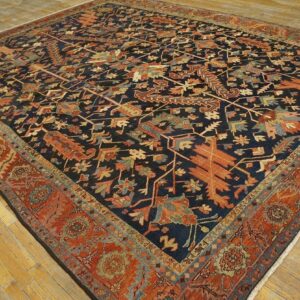 Antique Tribal Geometric Design Blue Background Persian Heriz Serapi Carpet - detail view 4