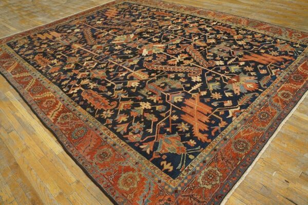 Antique tribal geometric design blue background persian heriz serapi carpet 5 Antique tribal geometric design blue background persian heriz serapi carpet - detail view 4