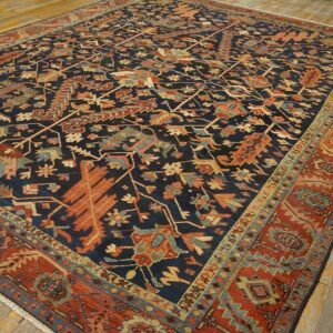 Antique Tribal Geometric Design Blue Background Persian Heriz Serapi Carpet - detail view 5