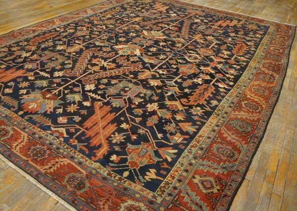 Antique tribal geometric design blue background persian heriz serapi carpet 6 Antique tribal geometric design blue background persian heriz serapi carpet - detail view 5