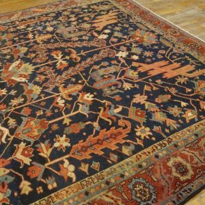 Antique Tribal Geometric Design Blue Background Persian Heriz Serapi Carpet - detail view 6