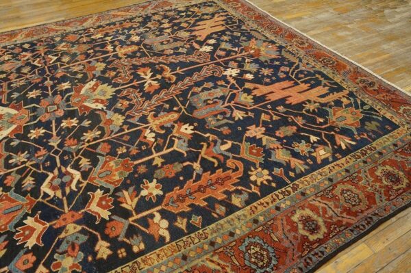 Antique tribal geometric design blue background persian heriz serapi carpet 7 Antique tribal geometric design blue background persian heriz serapi carpet - detail view 6