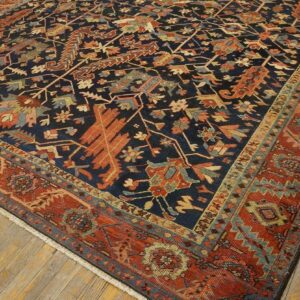 Antique Tribal Geometric Design Blue Background Persian Heriz Serapi Carpet - detail view 7
