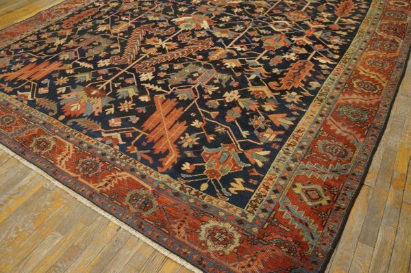 Antique tribal geometric design blue background persian heriz serapi carpet 8 Antique tribal geometric design blue background persian heriz serapi carpet - detail view 7