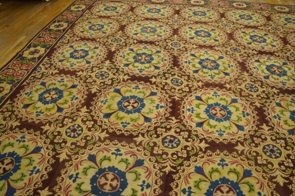 Beautiful brown color with unique circle florid design antique european needlepoint rug 2 Beautiful brown color with unique circle florid design antique european needlepoint rug - detail view 1