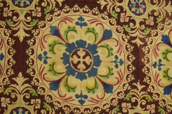 Beautiful brown color with unique circle florid design antique european needlepoint rug 3 Beautiful brown color with unique circle florid design antique european needlepoint rug - detail view 2