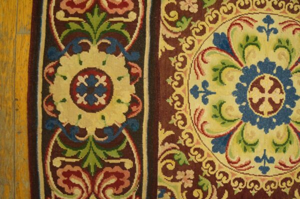 Beautiful brown color with unique circle florid design antique european needlepoint rug 4 Beautiful brown color with unique circle florid design antique european needlepoint rug - detail view 3