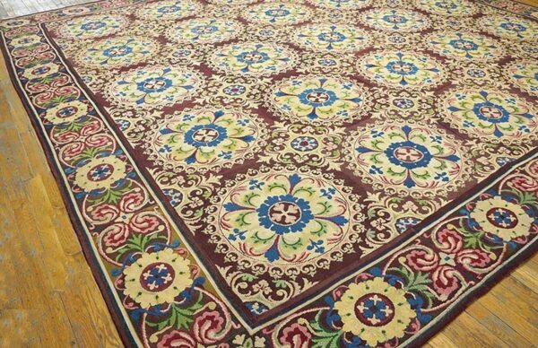 Beautiful brown color with unique circle florid design antique european needlepoint rug 5 Beautiful brown color with unique circle florid design antique european needlepoint rug - detail view 4