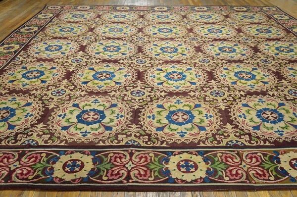 Beautiful brown color with unique circle florid design antique european needlepoint rug 6 Beautiful brown color with unique circle florid design antique european needlepoint rug - detail view 5