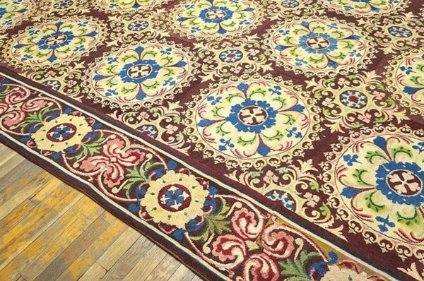 Beautiful brown color with unique circle florid design antique european needlepoint rug 7 Beautiful brown color with unique circle florid design antique european needlepoint rug - detail view 6