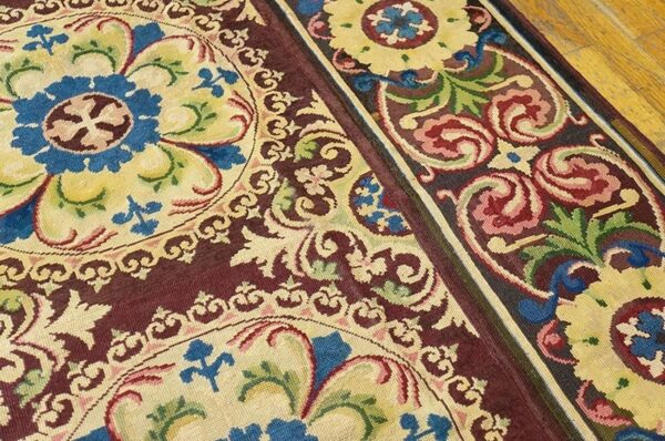 Beautiful brown color with unique circle florid design antique european needlepoint rug 8 Beautiful brown color with unique circle florid design antique european needlepoint rug - detail view 7