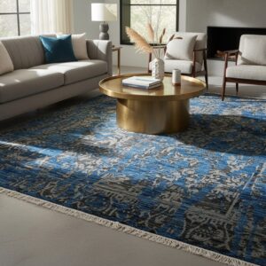 Blue modern floral hand-knotted wool and bamboo silk rug MR6907BL styled in a room, overhead view