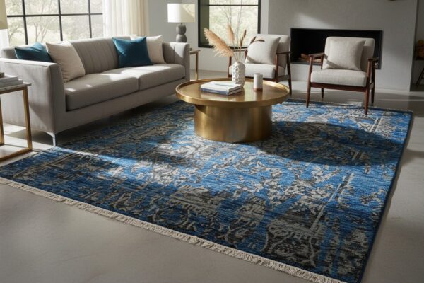Blue hand-knotted wool & bamboo silk modern floral area rug 8' x 10' 7 Blue modern floral hand-knotted wool and bamboo silk rug mr6907bl styled in a room, overhead view