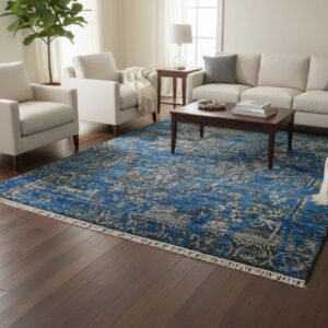 Blue modern floral hand-knotted wool and bamboo silk rug MR6907BL shown in a styled interior setting