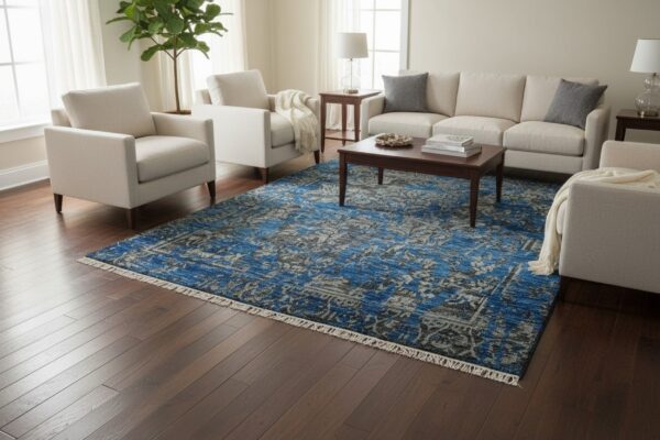 Blue hand-knotted wool & bamboo silk modern floral area rug 8' x 10' 8 Blue modern floral hand-knotted wool and bamboo silk rug mr6907bl shown in a styled interior setting