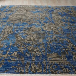 Blue Hand-Knotted Wool & Bamboo Silk Modern Floral Area Rug 8' x 10' - detail 3